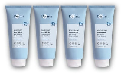 Derma Family Voordeelset - 2x Bodylotion 350 ml en 2x Douchegel 350 ml - Parfumvrij - Voor Gevoelige Huid - AllergyCertified