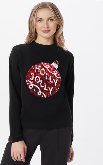 Starry Indigo - Foute Kersttrui / Sweater Dames - Kerstbal | Zwart & Rood | Maat S