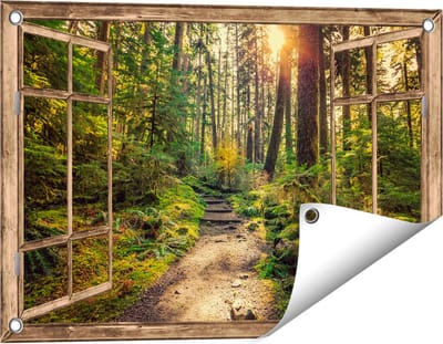 Gards Tuinposter Doorkijk Voetpad in het Bos - 60x40 cm - Tuindoek - Tuindecoratie - Wanddecoratie buiten - Tuinschilderij