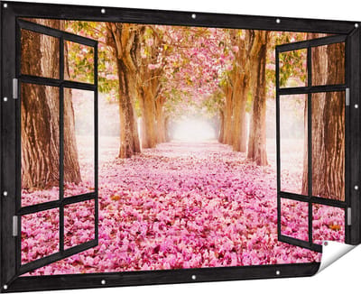 Gards Tuinposter Doorkijk Romantische Bomen Tunnel met Roze Anjers - 180x120 cm - Tuindoek - Tuindecoratie - Wanddecoratie buiten - Tuinschilderij