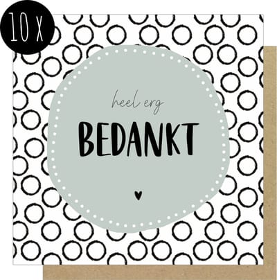 10x Bedankkaartjes / Bedankt kaarten | HEEL ERG BEDANKT | 13,5 x 13,5 cm | met kraft enveloppen