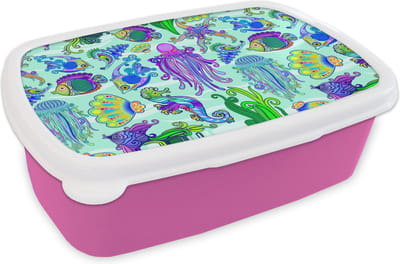 Broodtrommel Roze - Lunchbox - Brooddoos - Dieren - Regenboog - Vissen - Patronen - 18x12x6 cm - Kinderen - Meisje