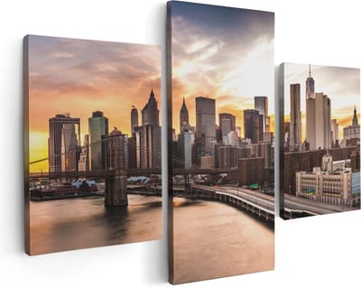 Artaza Canvas Schilderij Drieluik Brooklyn Bridge Brug In New York - 90x60 - Foto Op Canvas - Canvas Print