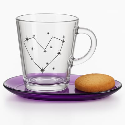 Paşabahçe Thee mok met Schotel – 400 ml Glas – kop en schotel - koffie - cappuccino - Paars Ovaal Onderbord – Hart Design