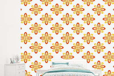 Behang - Fotobehang Patroon - Jaren 70 - Bloemen - Oranje - Breedte 245 cm x hoogte 220 cm