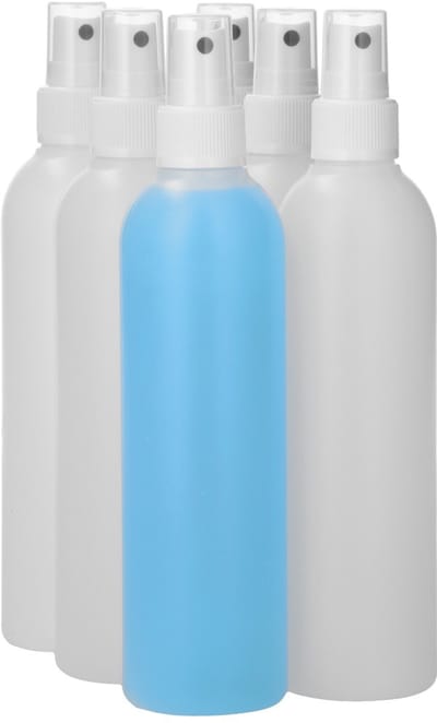 6 x 250 ml ronde fles HDPE naturel + Sprayfles pomp wit - BPA Vrij - Niet Breekbaar - Plastic Flesjes Navulbaar - Met Dop - Lege Flessen - 6 stuks