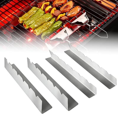 Set van 4 roestvrijstalen grillspiesen met houder en 6 inkepingen voor hout en bamboe, ideaal voor gasbarbecue en grillen