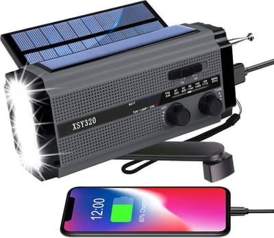 Noodradio Solar Opwindbaar en Batterij - Opwindbare Radio - Draagbare Noodradio - DAB Solar - Dynamo Radio - Noodpakket - Survival Radio - Bouwradio - Noodrantsoen - Powerbank Zonne-energie & Oplaadbare Zaklamp - 5000 mAh - Grijs