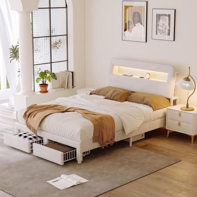 Gestoffeerd Bed - Ladenbed Opbergbed - Slaapkamer Inrichting - Geïntegreerde USB Poort - 140x200 cm - Crèmewit