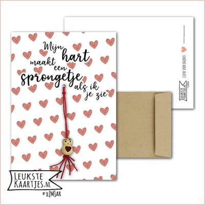 Kaartkadootje -> Gelukspoppetje Hartje - No:04 (Mijn hart maakt een sprongetje als ik je zie - Liefde - Roze Hartjes met glimlach) - LeuksteKaartjes.nl by xMar
