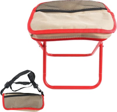 Opvouwbare Kruk met Afneembare Schouderband, Dubbele Opbergruimte, Sterke Belastbaarheid, Ideaal voor Kamperen en Vissen, Lichtgewicht en Draagbaar (Rood en Khaki)