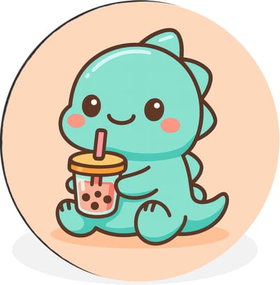 WallCircle - Wandcirkel - Muurcirkel - Dino - Boba - kawaii - Oranje - Aluminium - Dibond - 30x30 cm - Binnen en Buiten