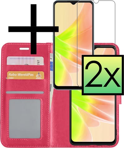 Hoesje - Met 2x Screenprotector - Geschikt voor OPPO A17 - Luxe Pasjeshouder - Bookcase Portemonee - Flip Case - Kunstleer Book Case - Flipcase Hoes - Book Cover - Walletcase - Portemonneehoes - Donkerroze