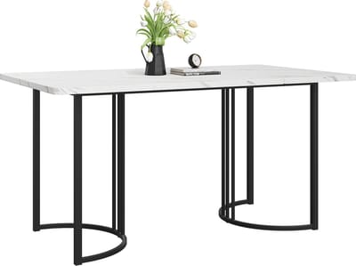 Gutent Eettafel, Wit/Zwart, 140 x 80 cm (1-st),MDF, Moderne Keukentafel, Metalen frame Modern gemarmerde rechthoekige eettafel met verstelbare poten voor eetkamer Woonkamer