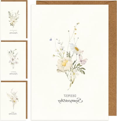 Sympathiekaarten Set - Condoleance kaarten - Oprechte Boodschap - Aquarel Wildflower Design - 4 Stuks - Wit