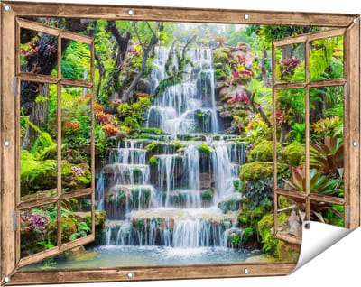 Gards Tuinposter Doorkijk Tropische Waterval in Thailand - 120x80 cm - Tuindoek - Tuindecoratie - Wanddecoratie buiten - Tuinschilderij