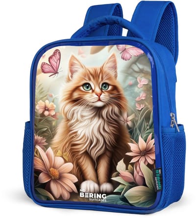 NoBoringSuitcases.com® - Rugzak blauw - Schooltas jongens - Kat in bloemenveld met roze vlinders. - Kinder rugtas jongen - Boekentas kind - Kinderrugzak voor school - Schoolrugzak