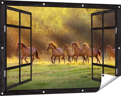 Gards Tuinposter Doorkijk Kudde Bruine Paarden in de Wei - 120x80 cm - Tuindoek - Tuindecoratie - Wanddecoratie buiten - Tuinschilderij