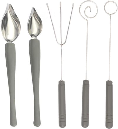 Decoratieve lepelset van 5 stuks - Snoepdipsnij gereedschap - Professionele dipsnij gereed schappen - Chocoladevorkset - Voor chef-kokskunst, lepels, borden, taarten, koffie, kookdecoratie - Voor knutselen, chocolade, pralines, suiker, truffels - Zil