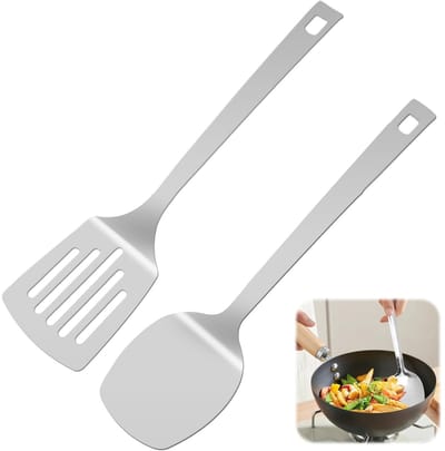 carmdering - Roestvrijstalen Keukenspatel - RVS Kookgerei Bestek - Tweedelig Serveerset - Veilig Voor Anti-Aanbakpannen - Ergonomische Greep Voor Comfort - Roestvrij Staal - Monolithisch Ontwerp Zonder Naden - Hygiënisch En Vaatwasmachinebestendig