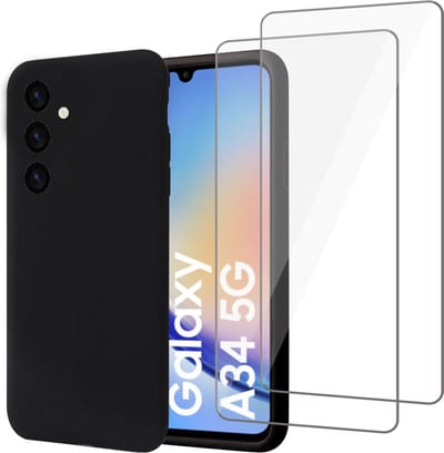 Geschikt voor Samsung A34 Hoesje + 2x Screenprotector – Gehard Glas Cover - Suède Case Zwart