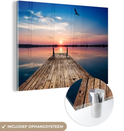 Glasschilderij - Afbeelding op glas - Pier - Water - Zonsondergang - Horizon - Acrylglas - Foto op glas - Acrylplaat - Wanddecoratie - Schilderij glas - 160x120 cm - Schilderijen woonkamer