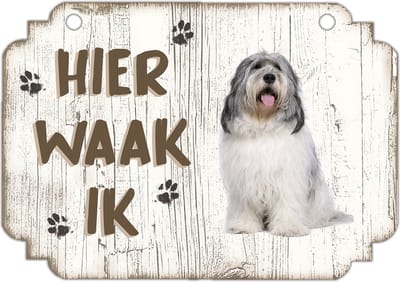 Hier Waak Ik: Bobtail Terrier | Waakbord | Spreukenbord | Hondenras | Hond | Betreden op eigen risico | Pas Op Voor De Hond | Deurbordjes | Bewaker Van Dit Huis