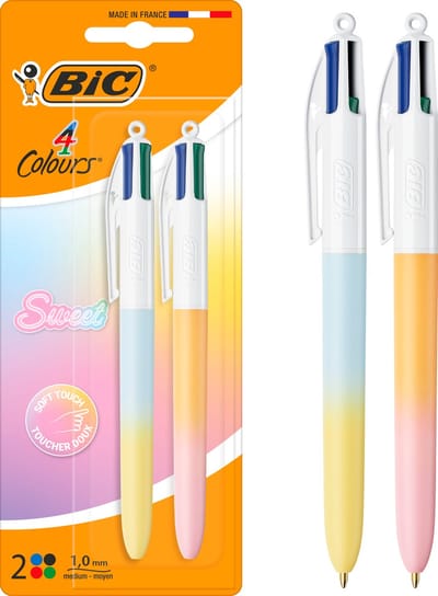 BIC 4 Kleuren Rainbow Pastel Balpen voor School en Kantoor - 4 in 1 Pen - Blauw Zwart Rood Groen - 2 Stuks