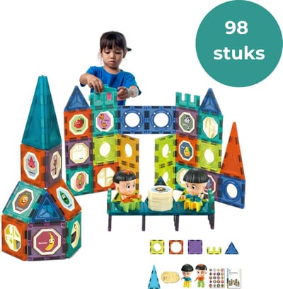Teedz - Magnetic Tiles - Magnetisch Speelgoed - 98 stuks - Constructie speelgoed - Magnetische tegels - Montessori speelgoed - Magnetic toys - Magnetische bouwstenen - Speelgoed Kinderen - Speelgoed vanaf 3 jaar - STEM speelgoed