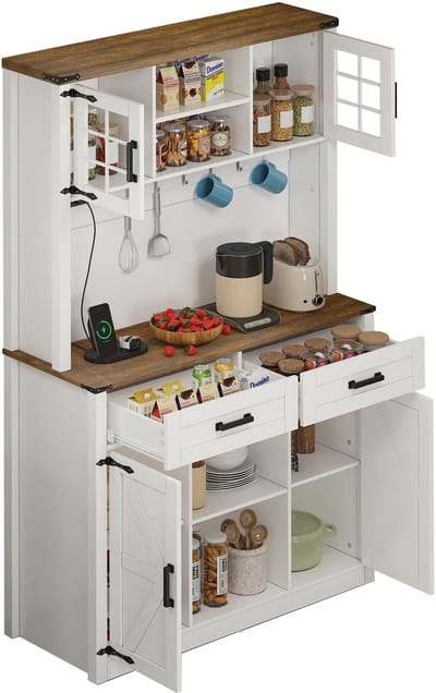 Witte barkast met LED-verlichting - Grote keukenbuffetkast met lades - Schuurdeur design met stopcontact - Voor woonkamer en keuken - 100x40x172 cm Wit