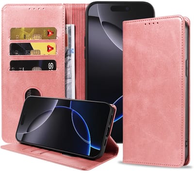 Smartphonica Telefoonhoesje Geschikt voor iPhone 16 Pro Kunstleer met Magnetische sluiting en Pasjeshouders Bookcase met Klepje - Roze geschikt voor iPhone 16 Pro