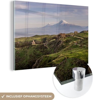 ® Glasschilderij 180x120 cm - Schilderij acrylglas - Panoramisch uitzicht op de Ararat in Azië - Foto op glas - Muurdecoratie woonkamer - Wanddecoratie slaapkamer - Schilderijen