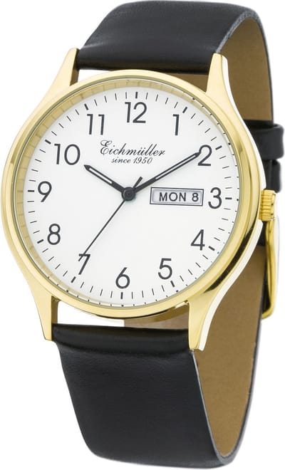 Eichmüller Klassiek Herenhorloge met Dag en Datum - Goud Edelstaal - Zwarte Horlogeband - Witte Wijzerplaat - Quartz Uurwerk - 38 mm