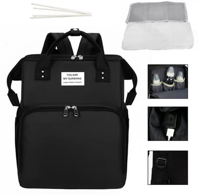 Opvouwbare babyrugzak – Opvouwbare luiertas met grote capaciteit (zwart) – Opvouwbaar babybedje – Stijlvolle rugzak – Reisrugzak voor moeders – Luiertas – Voorzien van USB-poort en zonnekap – Polyester