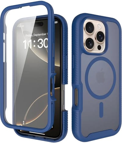 Hoesje met Ingebouwde Screenprotector Geschikt voor Apple iPhone 16 Pro - Compatibel met MagSafe / Qi2 - Full Protect - Schokbestendige Beschermhoes - Case Matte Blauw