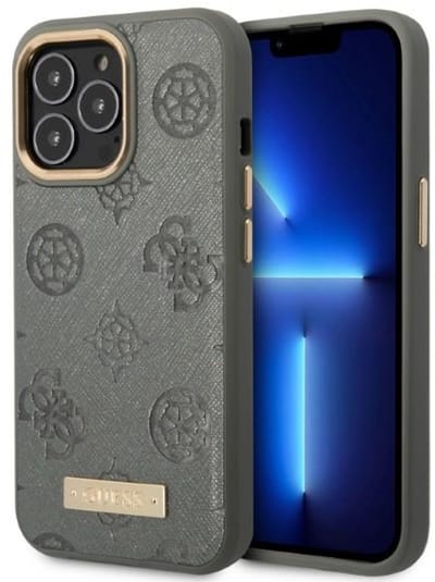 Guess Peony Logo Plate Serie - iPhone 13 Pro Max Hoesje - Grijs - MagSafe Ondersteuning - Stevige Bescherming