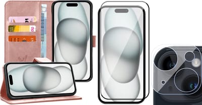 Hoesje geschikt voor iPhone 15 - Screenprotector FullGuard & Camera Lens Screen Protector - Book Case Kunstleer Pasjeshouder Rosegoud