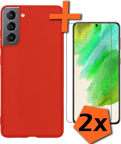 Hoes - Met 2x Screenprotector - Geschikt voor Samsung Galaxy S21 FE - Sterk & Shockproof - Back Cover - Siliconen Case - Telefoon Hoes - Rood
