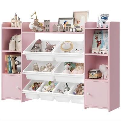 Speelgoedopbergkast – Kinderspeelkamer - Kinderboekenkast - Voor woonkamer, speelkamer en slaapkamer – Met 8 verwijderbare dozen en opbergplanken – 138,8×29,6×94,3 cm - Roze