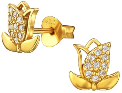 Joy|S - Zilveren bloem oorbellen - tulp - 7 x 8 mm - zirkonia - sterling zilver 925 - gold plated