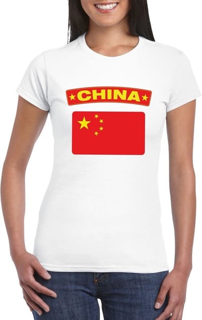 Vlag China t-shirt - wit - met vlag van het land print - voor dames - korte mouwen - supporters S