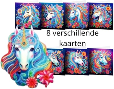 IZGO Diamond Painting Kaarten – 8 Wenskaarten met envelop - Zonder Tekst - Volwassenen – Volledig Pakket - Diamant schilderen - Eenhoorn - Unicorn