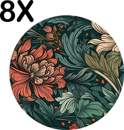 Luxe Ronde Placemat - Gekleurde Bloemen Patroon - Getekend - Set van 8 Placemats - 50x50 cm - 2 mm dik Vinyl - Anti Slip - Afneembaar