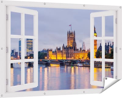 Gards Tuinposter Doorkijk London Big Ben en Westminster Brug - 150x100 cm - Tuindoek - Tuindecoratie - Wanddecoratie buiten - Tuinschilderij