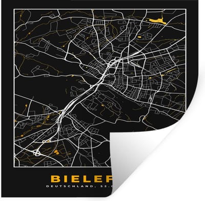 Muurstickers - Sticker Folie - Bielefeld - Kaart - Plattegrond - Stadskaart - Goud - Duitsland - 100x100 cm - Plakfolie - Muurstickers Kinderkamer - Zelfklevend Behang XXL - Zelfklevend behangpapier - Stickerfolie