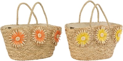 J-Line strandtas Zonnebloem - zeegras - geel/oranje - set van 2