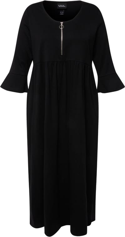 Ulla Popken - Dames - Jersey jurk A-lijn empire-naad ronde hals 3/4-mouw - Zwart - Maat 58+