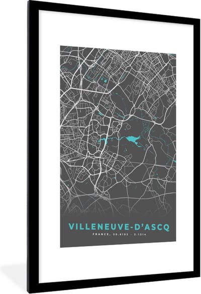 Fotolijst incl. Poster - Villeneuve-d'Ascq - Frankrijk - Stadskaart - Kaart - Plattegrond - 60x90 cm - Posterlijst