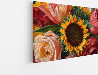 Saammp Canvas Schilderij - Kleurrijk Bloemenboeket - Natuur - Botanisch - 30x20 - Foto op canvas - Wanddecoratie - Muurdecoratie Woonkamer - Kantoor Decoratie