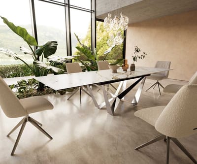 Eetkamertafel Edge keramiek Calacatta Luxe wit-goud-grijs 200-300x100 spider vlak staal RVS uitschuifbaar